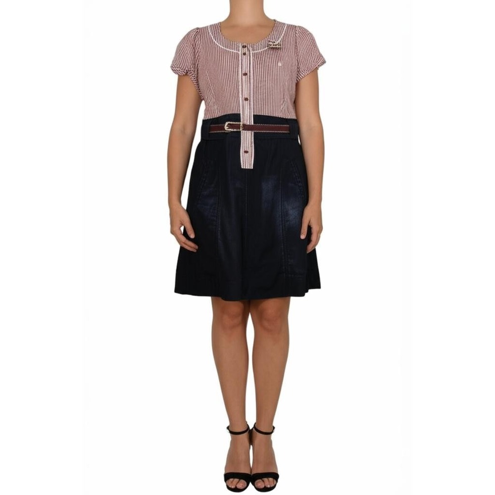 Fankal Dress Striped Denim Belted Short Sleeve Puffed Boho Chic Cotttagecore